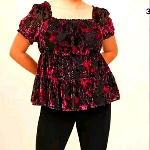 Torrid Plus Size 3X Black Red Velour Peplum Top - Puff Sleeve Vampire Goth